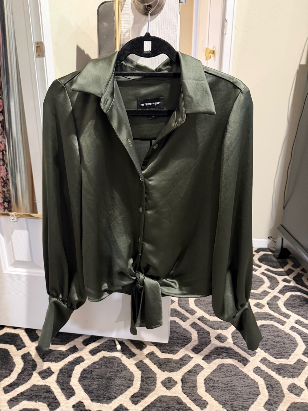 Fifteen Twenty Olive Satin Button-Front Blouse